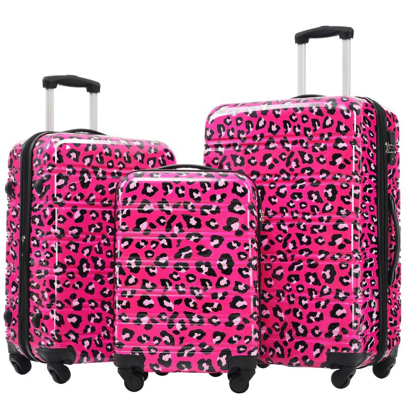 Classic 3 Piece Hardshell Carry-On Luggage Set, PC Durable Lightweight Suitcase with TSA Lock and Spinner Wheels, for Travel - Hot Pink Leopard