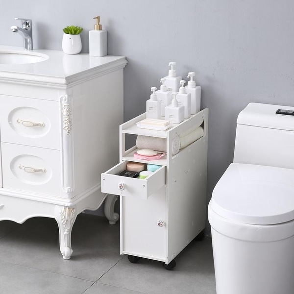 Home Source Bathroom Cabinet Free Standing Unit Narrow Towel Storage 5 Shelves Tall Grey 