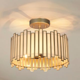 Tifany Modern Gold 3-Light Drum Glass Chandelier Semi-Flush Mount Ceiling Light