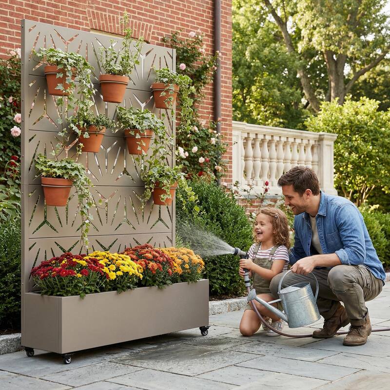 Metal Galvanized Planter Box with Trellis Privacy Screen Lockable Wheels