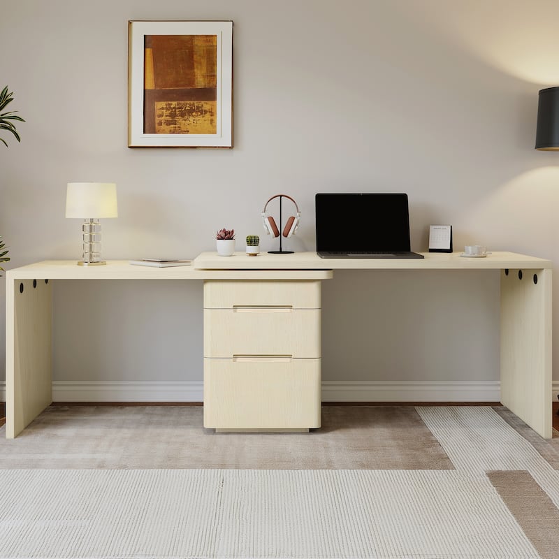90" Modern L-Shaped Executive Desk with 3 Drawers & 360° Rotating Top - Office Corner Workstation for Home or Living Room