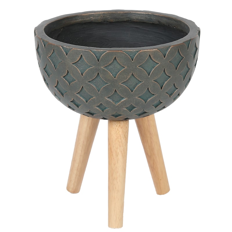 Butterfly Embossed Black 12.25-Inch Round MgO Planter with Brown Wood Legs - Planter + Legs: 14.25" H x 12.25" Diameter