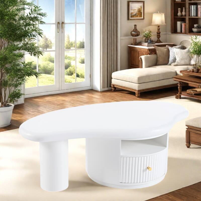 43.3" MDF Coffee Table with Storage Drawer and Open Shelf,Floor-Protecting Felt Pads - White