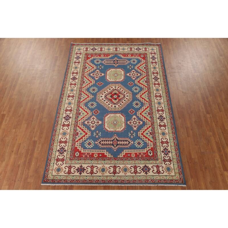 Blue Geometric Kazak Oriental Rug Handmade Traditional Wool Carpet - 6'8" x 10'1"
