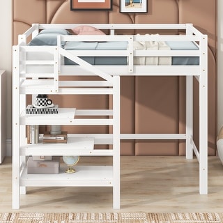 Full Size Loft Bed with Shelves Stairs and Hanger, Wooden Loftbed Frame for Bedroom Sturdy Wood Loft Full Size Frame Bed