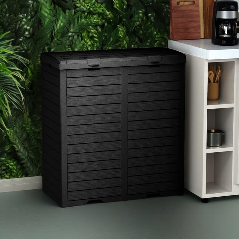 Outdoor Patio Storage Resin Lockable Deck Box - Double Trash Can Black