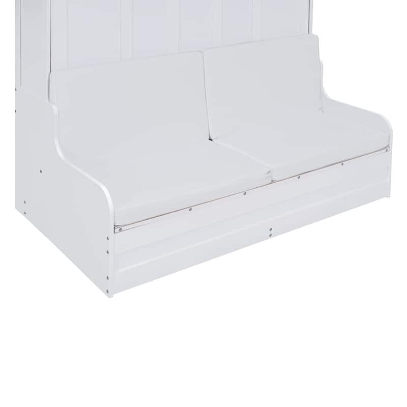 Queen Murphy Bed Chest with Upholstered Headboard, Wood Foldable Wall Bed Cabinet Bed w/Cushion Seat for Guest Room Home Office