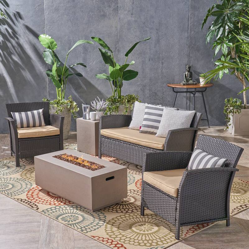 St. Lucia Outdoor 4 Seater Wicker Chat Set with Fire Pit by Christopher Knight Home - brown + light gray + tan cushion