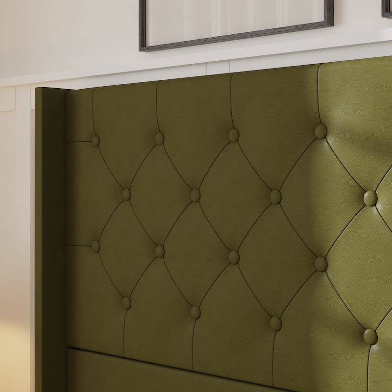 King Size Olive Green Leather Upholstered Platform Bed with Extra Tall 52.8" Tufted Wingback Headboard Bed Frame
