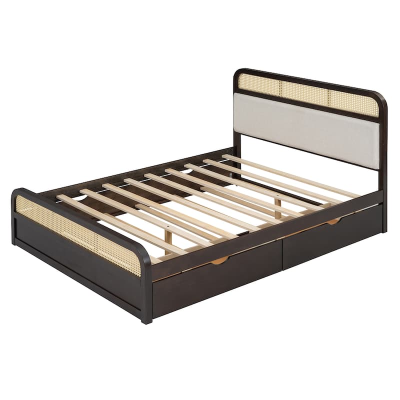Boho Cane Wooden Platform Bed Queen Storage Bed with Wooden Headboard, Trundle and 2 Storage Drawers