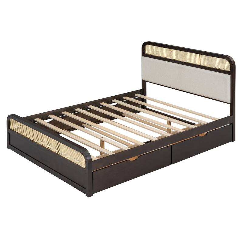 Rattan Platform Bed Queen Wooden Bed Frame with Twin Trundle and 2 Drawers, Headboard with Padded Cushion Mattress Not Included
