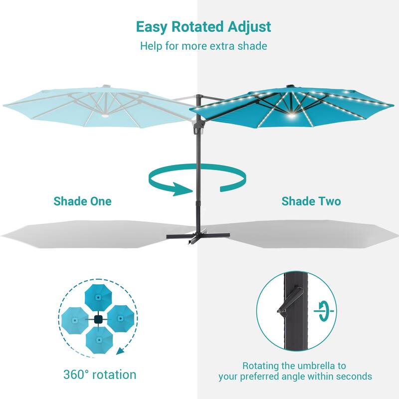 BONOSUKI 11FT LED Cantilever Patio Umbrella Angle Adjustment w/Cross Base