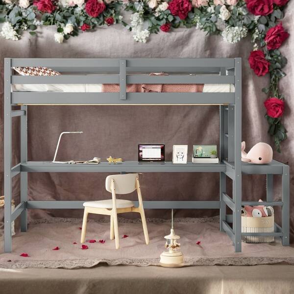 slide 2 of 18, Modern Full Size Loft Bed With Built-in Desk and Ladder Platform and Ladders for Bedroom Grey
