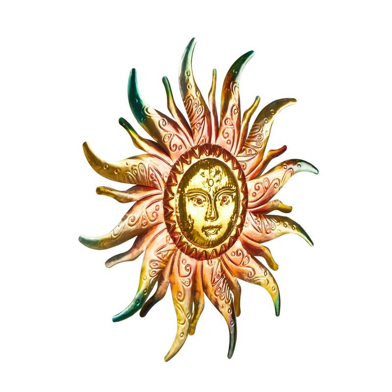 Stainless Steel Metal Sun Face Wall Decor with Red, Green, and Orange Accents - Gold - Roche River Decor