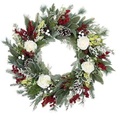 Real Touch™️ Mixed Foliage Roses Artificial Christmas Wreath 30" Unlit