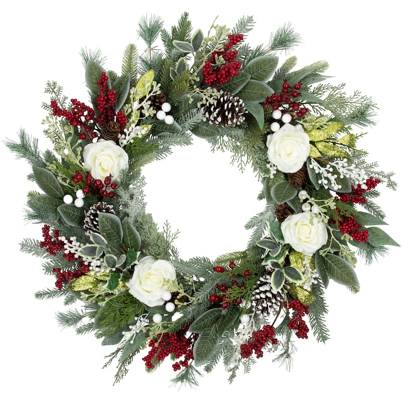 Real Touch™️ Mixed Foliage Roses Artificial Christmas Wreath 30" Unlit