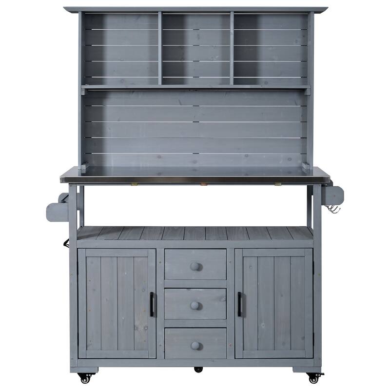 65" Outdoor Potting Bench with Stainless Steel Top, Rolling Garden Workstation with Hutch & Storage
