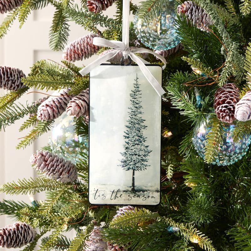 Set of 12 Beige Green Rustic Pine Tree Christmas Ornaments for Winter Hanging Holiday Decor with Ribbon - 4.25”L x 0.5”W x 8.5”H