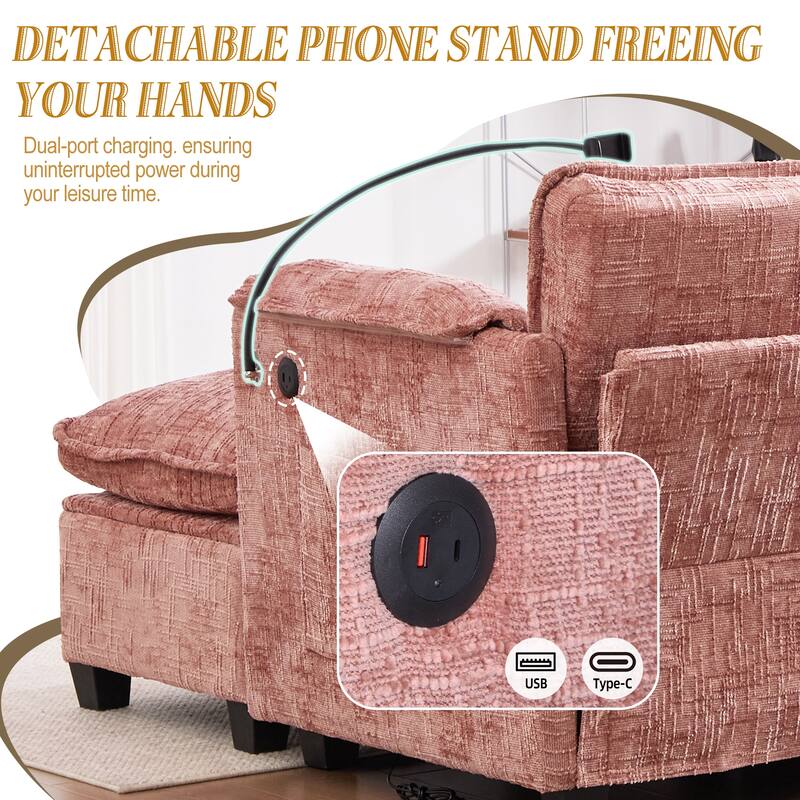HOMEFUN Chenille Upholstered L-shaped Phone Holder Modular Sectional Sleeper Sofa with Movable Storage Ottoman