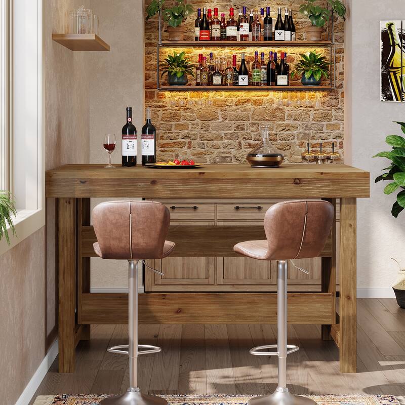 Solid Wood Bar Table, Open Storage Counter Height Pub Dining Table, Kitchen Dining/Living Room Basement Accent Bar Unit