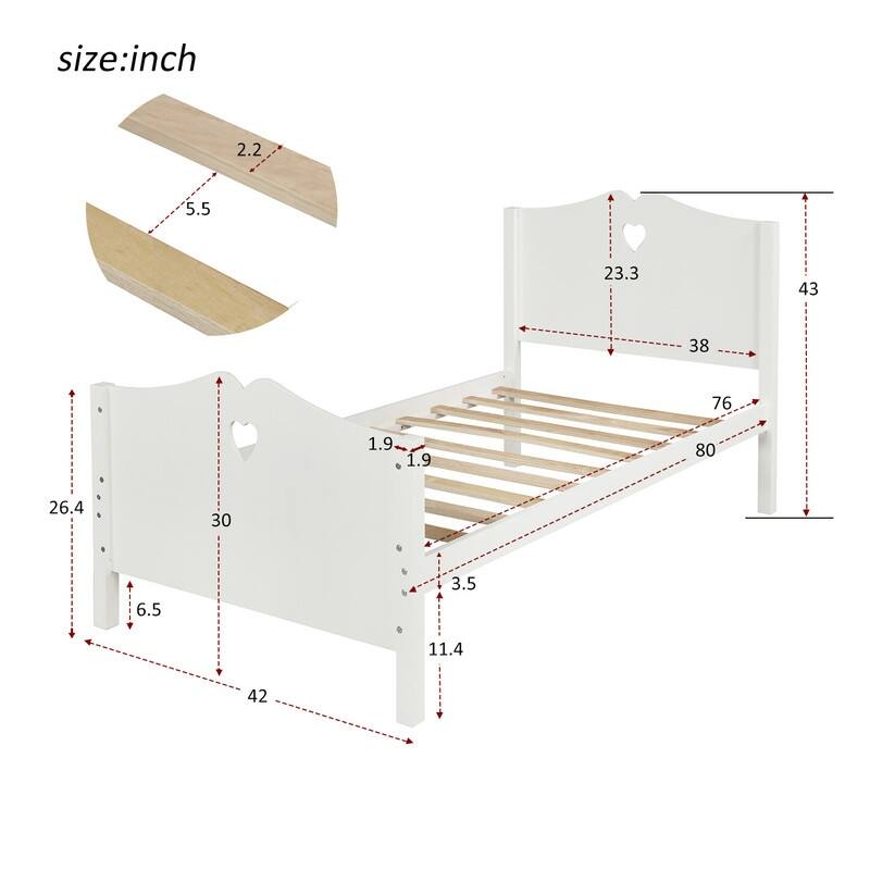 80" Frame Twin Platform Bed with Heart Shaped Headboard and Footboard Simple and Cute