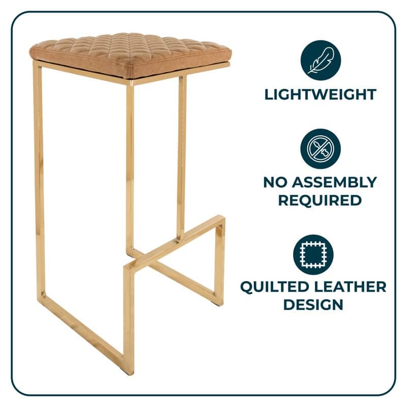 Quincy Modern Leather Barstool with Upholstered Square Seats in Gold Metal & Footrest for Home Bar & Kitchen Counter