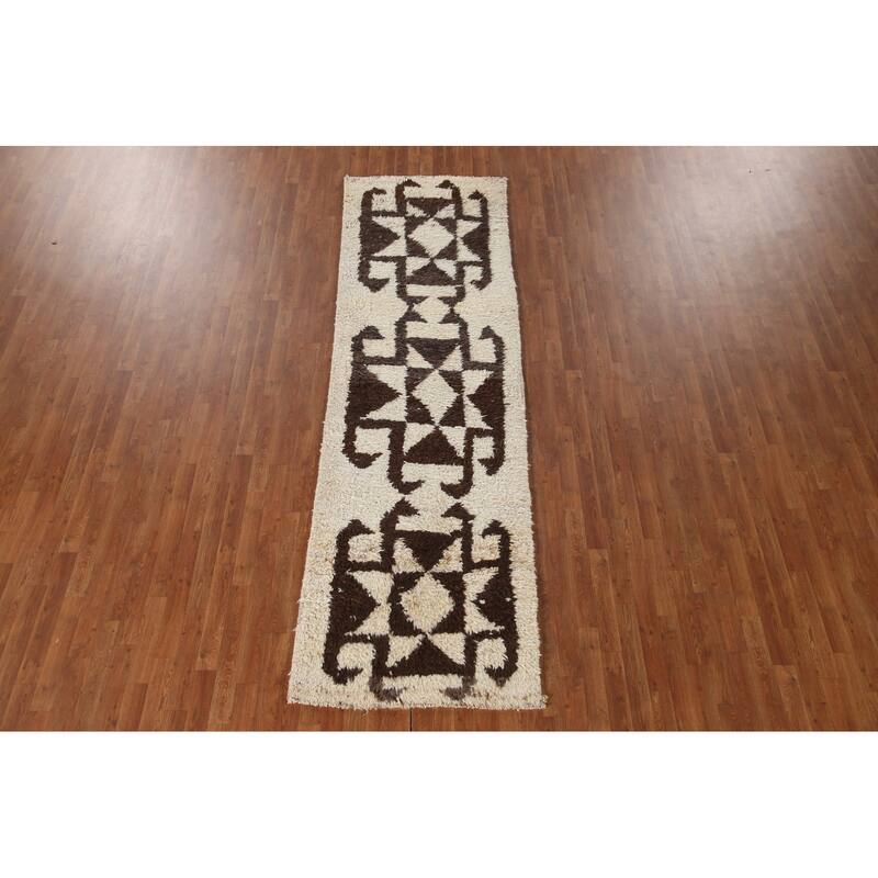Anatolian Turkish Runner Rug Handmade Geometric Beige Wool Carpet - 3'3"x 12'5"