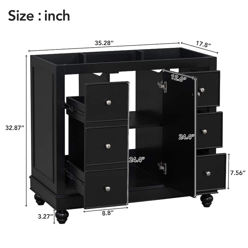 Roomfitters 36" Bathroom Vanity Cabinet Only, Storage Cabinet with 6 Drawers and Center Door, Sink Not Included, Black