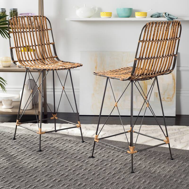 SAFAVIEH Shinako 37.5-inch Wicker Croco Brown Counter Stool (Set of 2) - 18.1" x 20.9" x 37.4" - 18Wx21Dx37H - Natural/Black