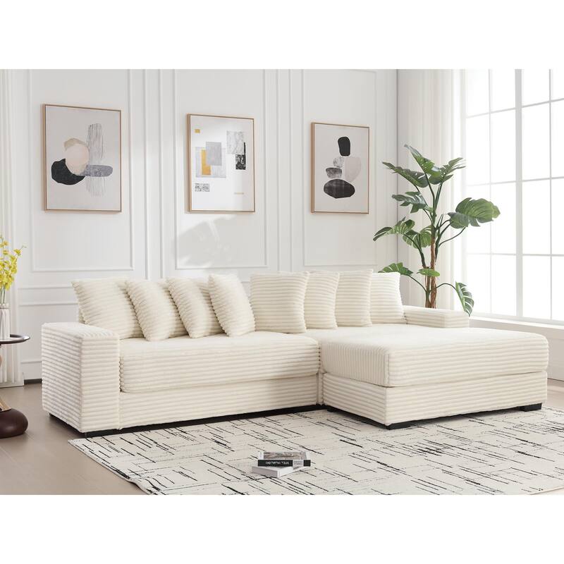 111" Corduroy Upholstered L-Shaped Sectional Sofa with Oversized Chaise Longue and 8 Throw Pillows - Beige - Right Facing