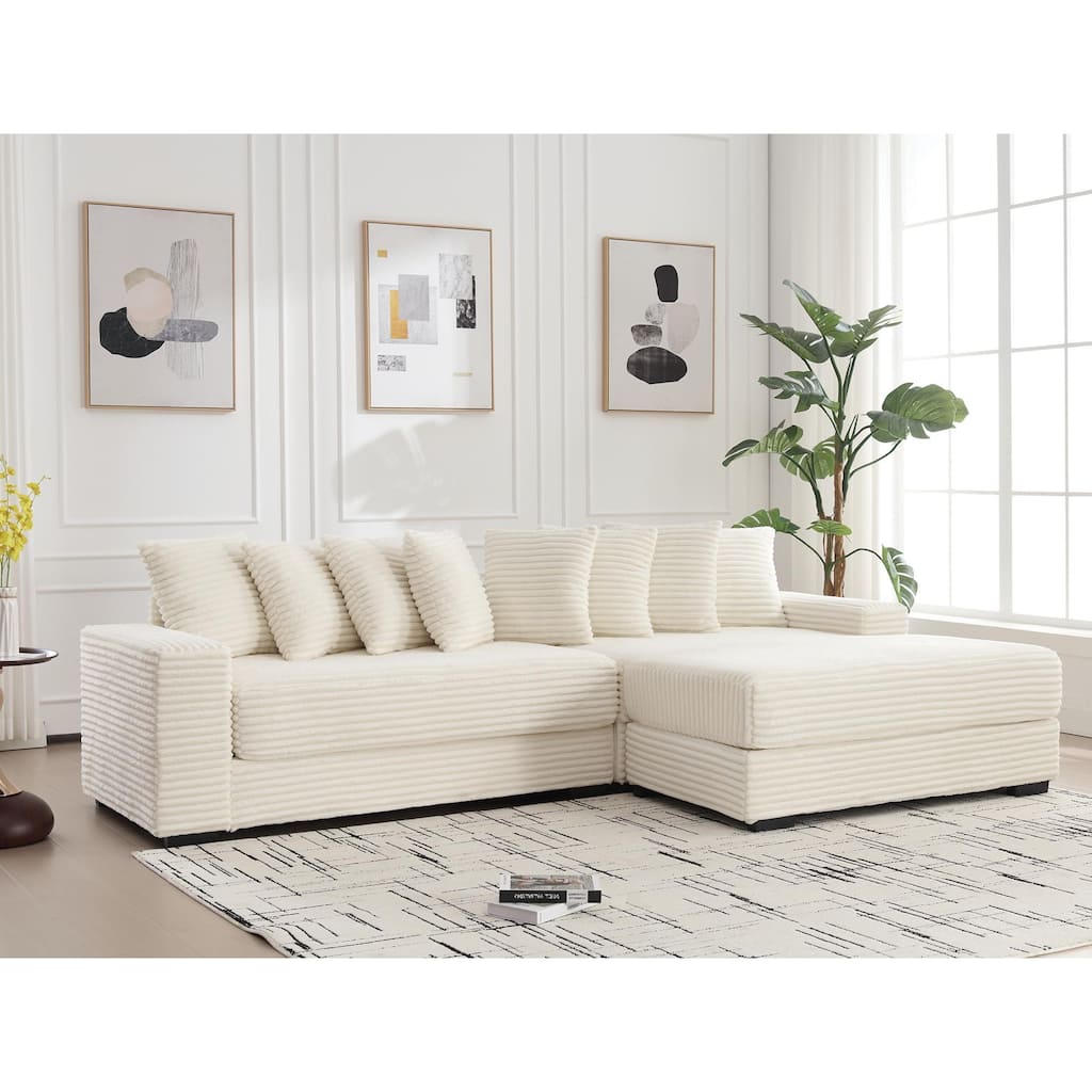 111" Corduroy Upholstered L-Shaped Sectional Sofa with Oversized Right Chaise Longue and 8 Throw Pillows
