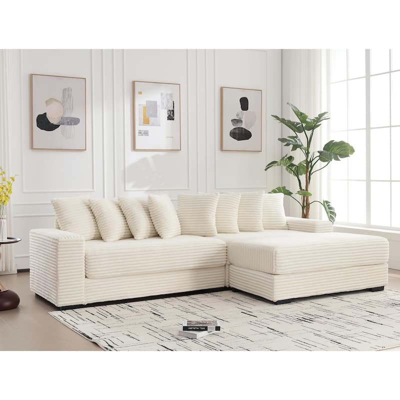 Oversized Two-Piece L Shaped Corduroy Sofa with Right Chaise Daybed and Eight Throw Pillows, Beige - Multi-Color