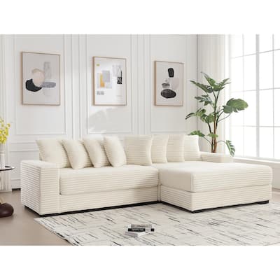 Oversized Two-Piece L Shaped Corduroy Sofa with Right Chaise Daybed and Eight Throw Pillows, Beige