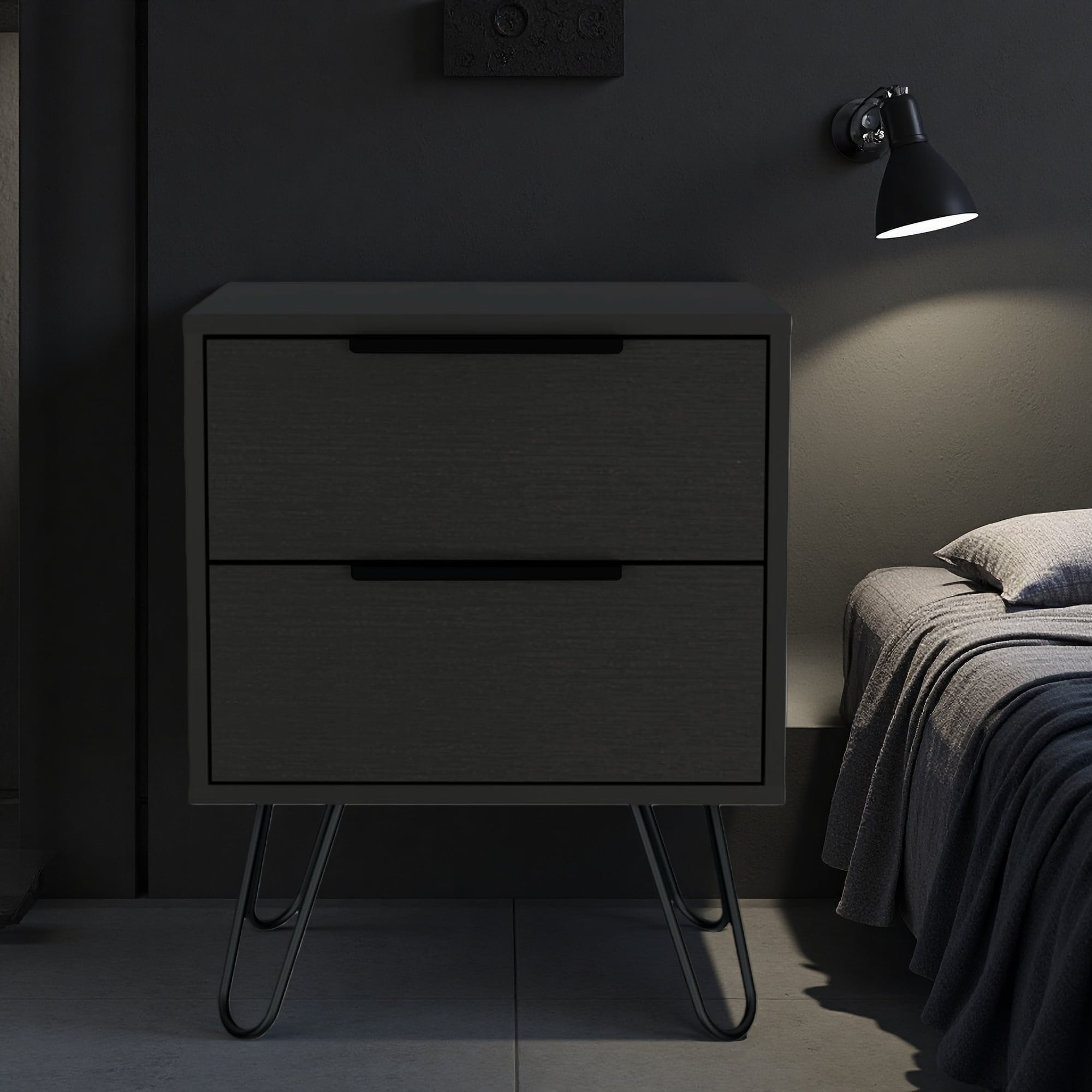 17.7"L Laminated Particleboard Nightstand with Hairpin Legs, Two Drawers - Multipurpose End Table, Side Table