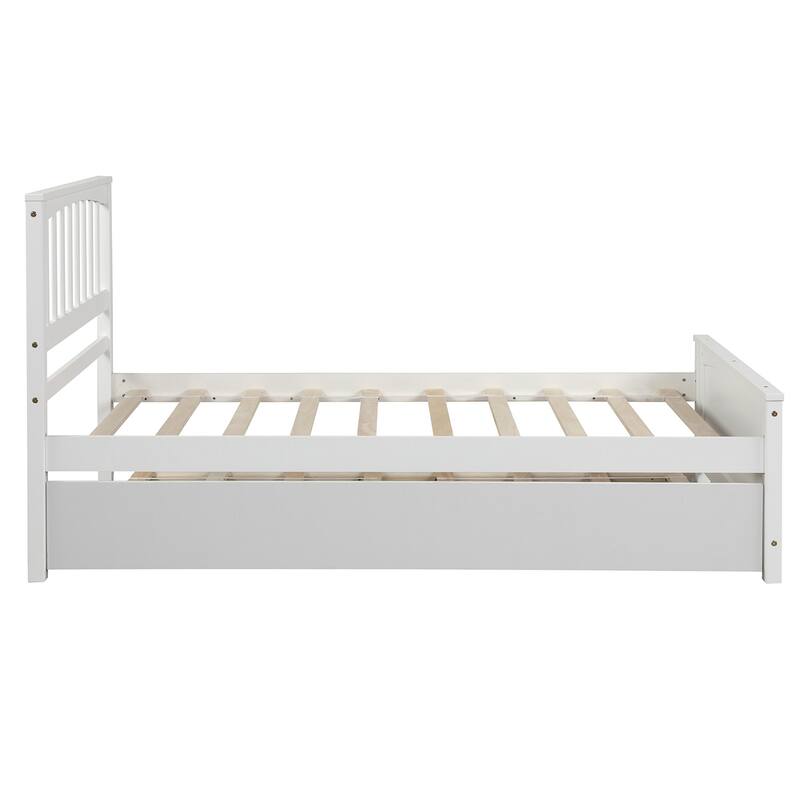 Twin Size White/Gray Platform Bed with Trundle, Solid Pine Wood, Minimalistic Design