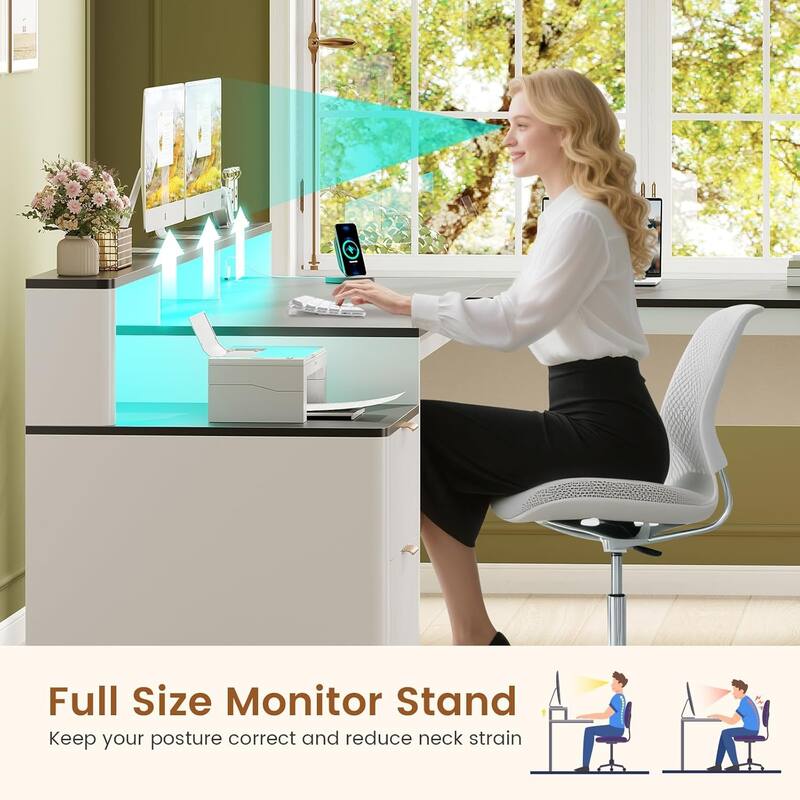 66" L Shaped Desk Drawers Home Office Desk File Cabinet Executive Desk