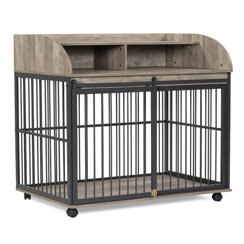 Duty Large Dog Crate Furniture with Sliding Door and Lockable Wheels, End Table Crate with Double Layer Storage