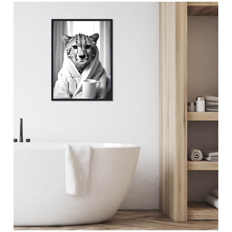 Kate and Laurel Sylvie Cheetah Bathroom Art Towel Robe Black and White Framed Canvas by The Creative Bunch Studio