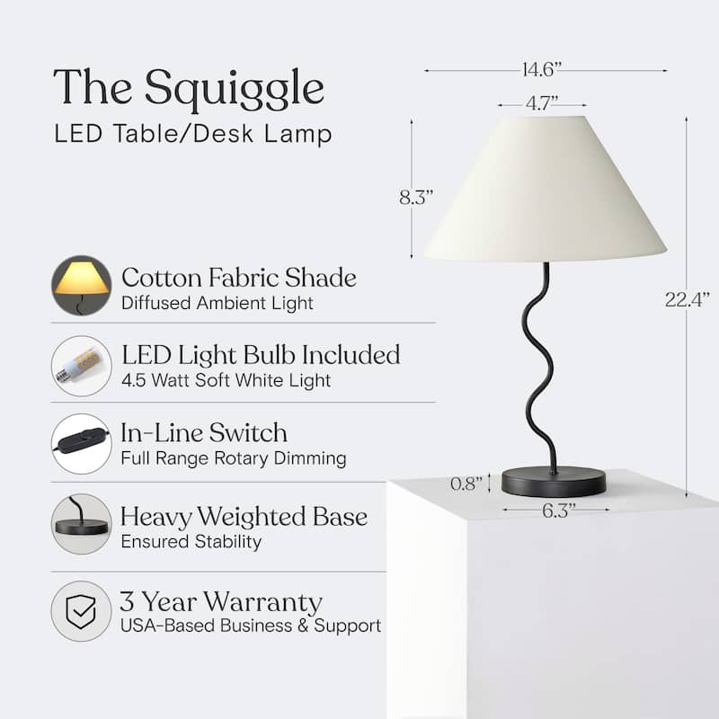Brightech Squiggle Table 22" Classic Black Traditional Super Bright LED Contemporary Table Lamp with Ivory Fabric Empire Shade