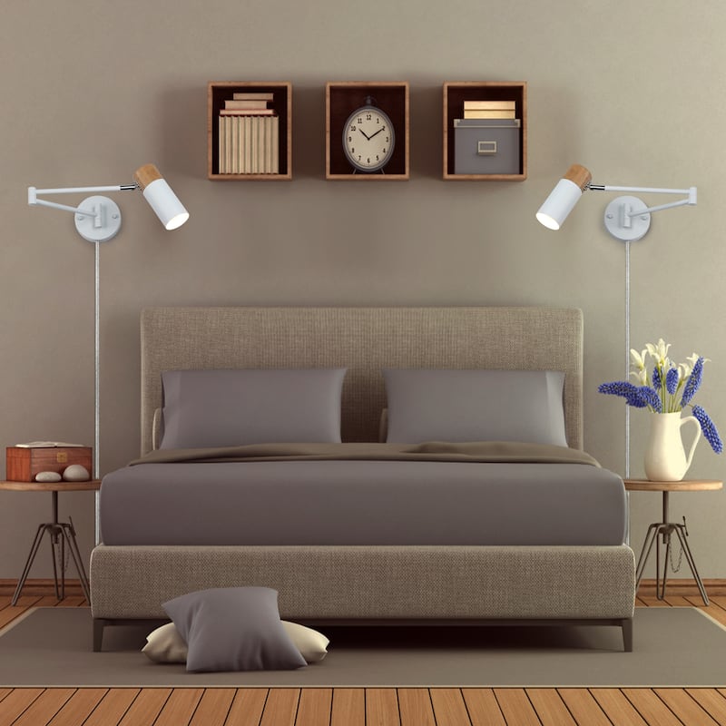 Industrial Adjustable Swing Arm Wall Lamp Wall Sconce with Plug in Cord, Modern White/Black Finish with Wood Head
