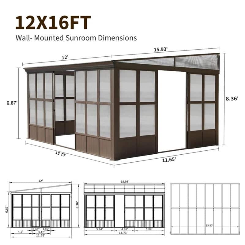 Domi Wall-Mounted Sunroom with Sloped PC Roof and Lockable Sliding Doors