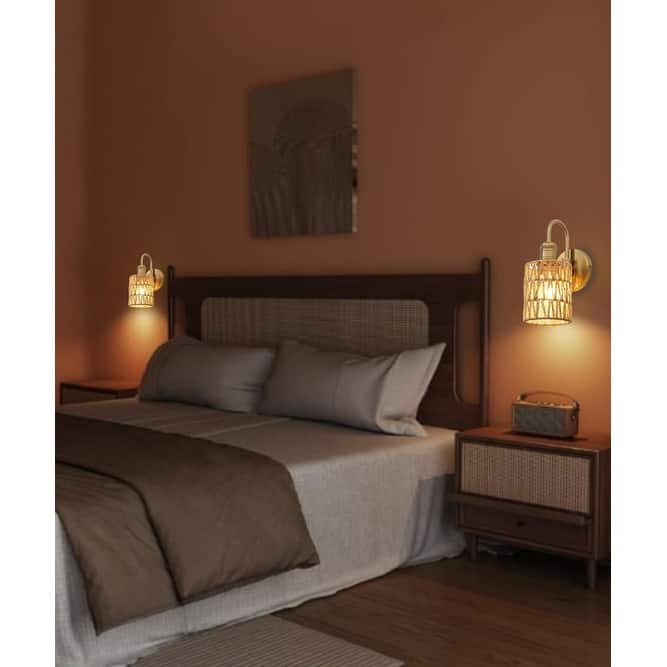 1 Light wall sconces gold wall lighting metal, rattan wall light fixture