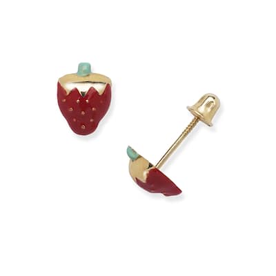 Curata 14k Yellow Gold Children's Enamel Strawberry Screw-back Earrings - Red