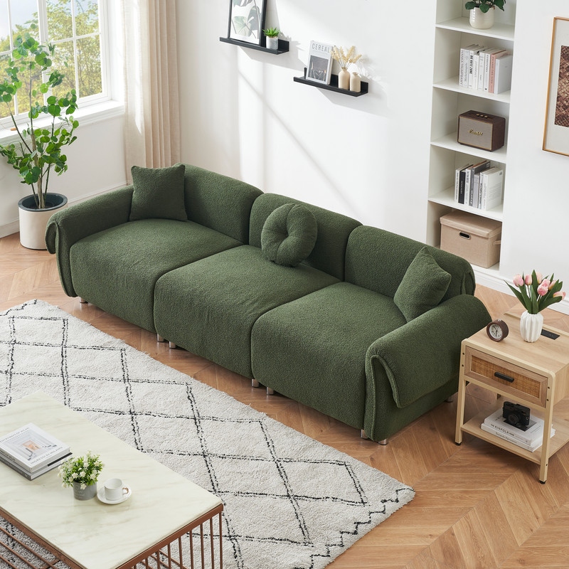 109 Teddy Wool Fabric Upholstered 3 Seater Sofa with 3 Pillows and Elephant Ear Sofa Arm