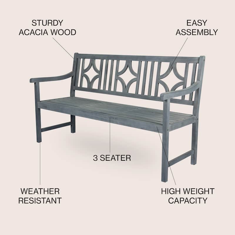 Laurel 59.1" 3-Seat Ogee Diamond-Back 600-Lbs Support Acacia Wood Outdoor Garden Patio Bench, by JONATHAN Y