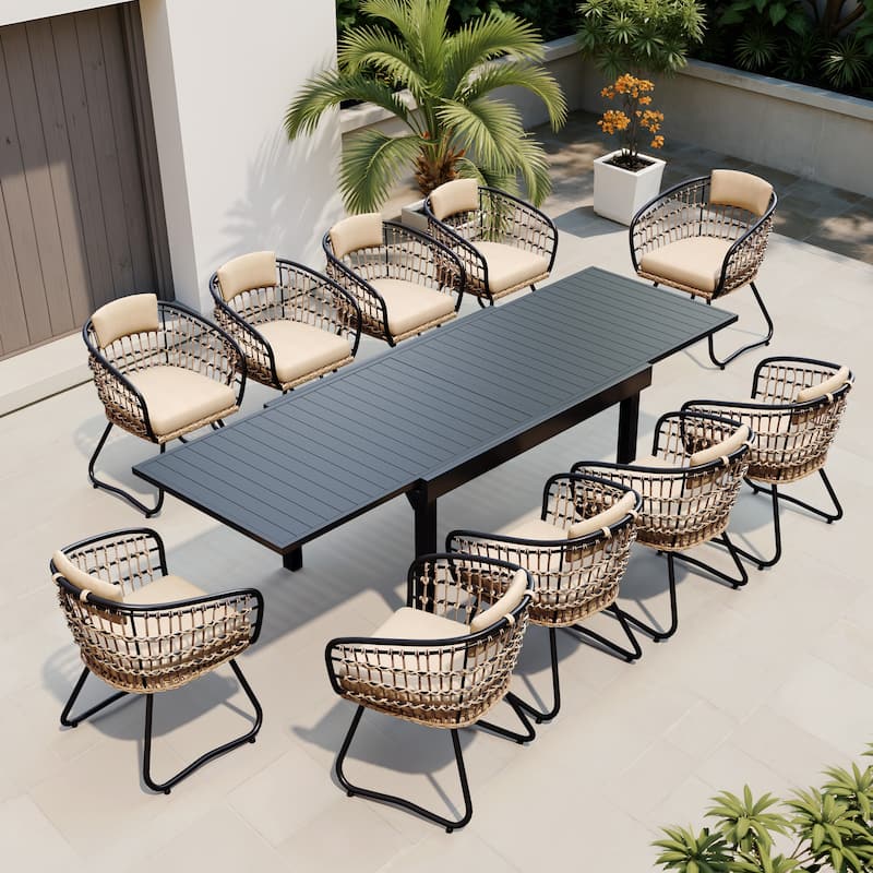 11PC Outdoor Aluminum Expandable Rectangle Patio Dining Sets Table with Rattan Chair
