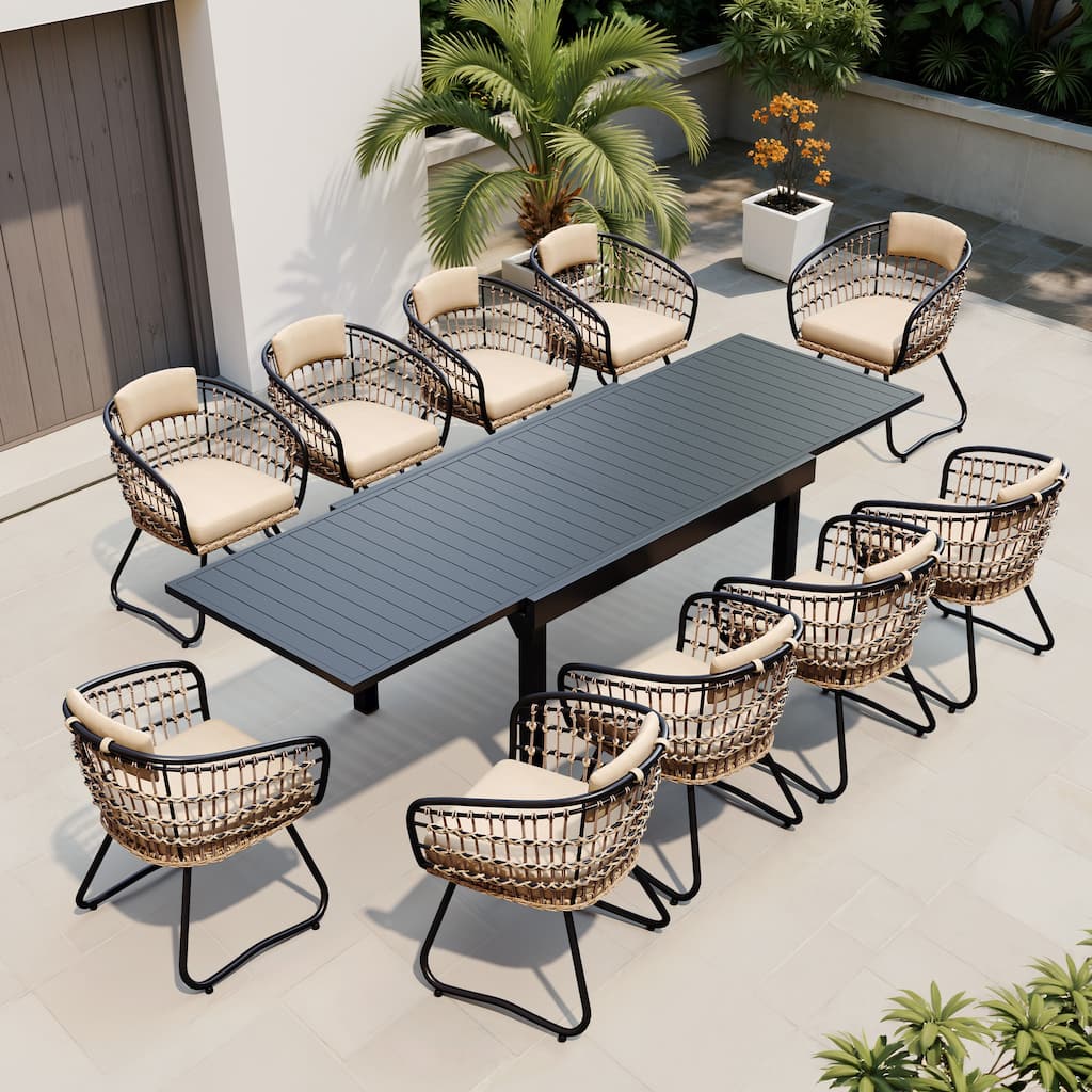 11PC Outdoor Aluminum Expandable Rectangle Patio Dining Sets Table with Rattan Chair