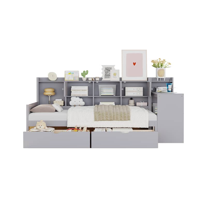 Twin/Full Size Grey Wooden Daybed with 2 Drawers