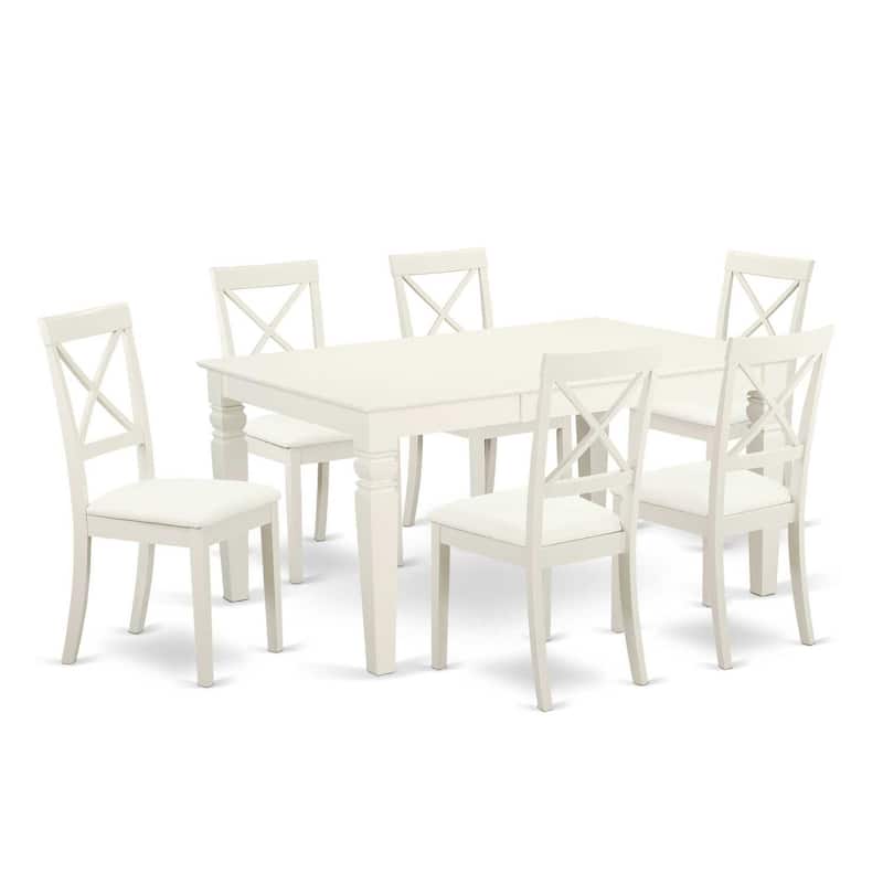 Dining Set 7 Piece Table & Chairs Linen White Faux Leather Modern Kitchen Set