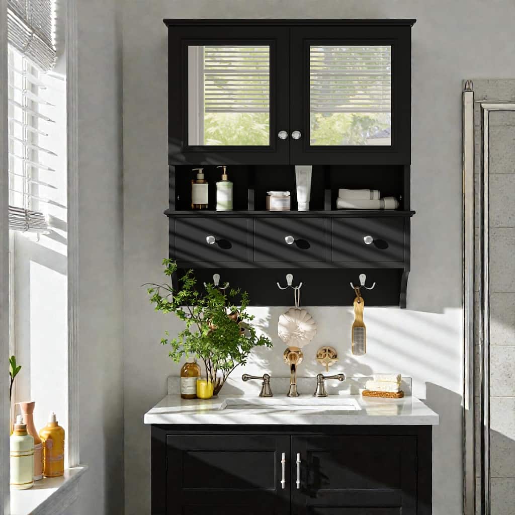 24 Inch 4-in-1 Wall Mounted Medicine Cabinet with Mirror, Drawers and Hooks, Bathroom Storage Organizer